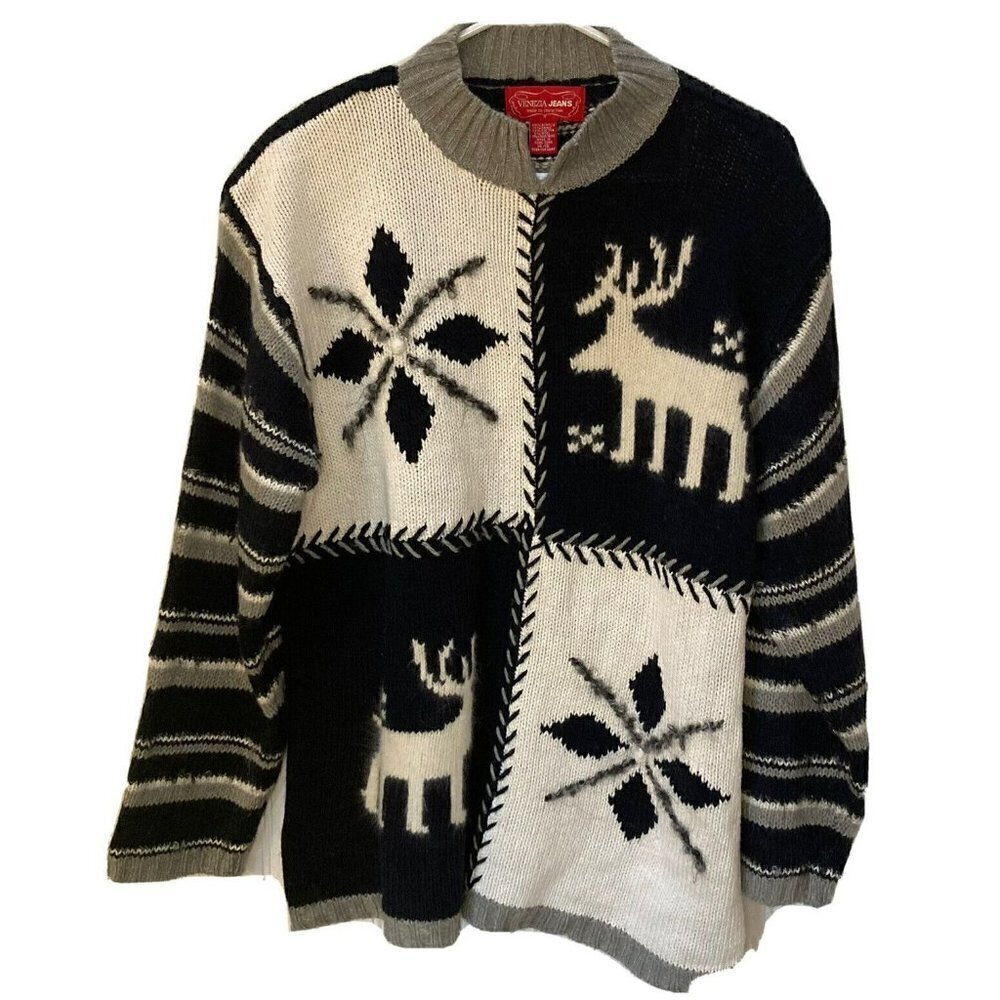 Venezia Jeans Navy Cream Gray Snowflake Ramie Cotton Wool Blend Sweater-…